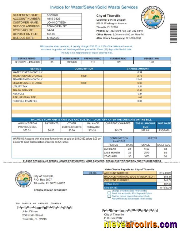 USA City of Titusville Florida utility bill